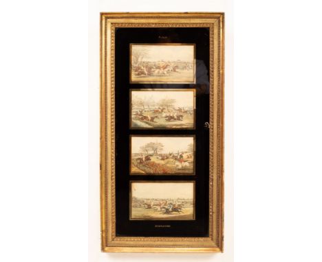 After Henry Alken Steeple Chasing four prints framed as one in a verre eglomise frame, and a Stevengraph of Fred Archer   CON