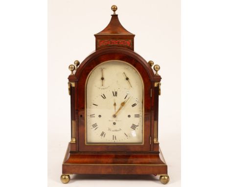 A mahogany musical bracket clock with a ten inch white painted arched dial, signed Robert Wood, Kent Road, subsidiary seconds