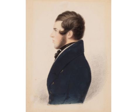 English School, 19th Century/Portrait Miniature of a Young Man in Profile/half-length, wearing a blue coat/watercolour and pe
