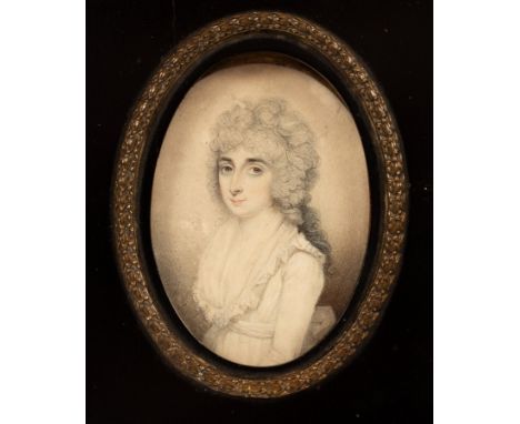 English School, 18th Century/Portrait Miniature of a Lady/half-length, wearing a white dress/watercolour on ivory, 7cm x 6cm/