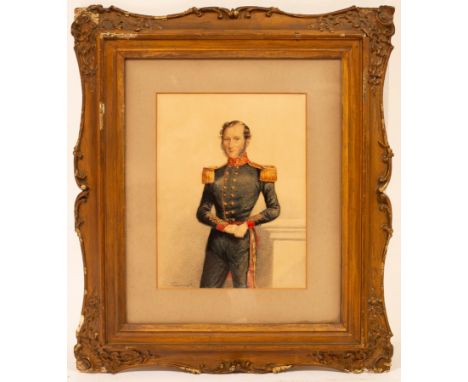 A Butterworth/Portrait of a Military Officer/three-quarter length, the collar and cuffs with gilded red border and gilt tasse