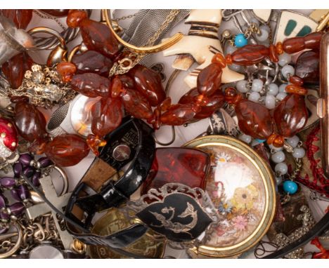 A quantity of costume jewellery to include two marcasite brooches, an Italian abstract cat brooch, various watches to include