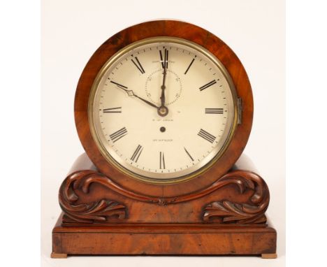 A mahogany mantel timepiece of drumhead form, the 8 inch white painted dial signed R McAdam, Dumfries with subsidiary seconds