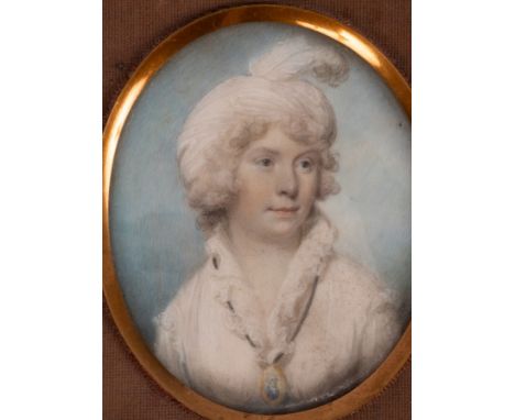 English School, 18th Century/Portrait Miniature of a Lady/bust-length, wearing a white dress and pendant/watercolour on ivory