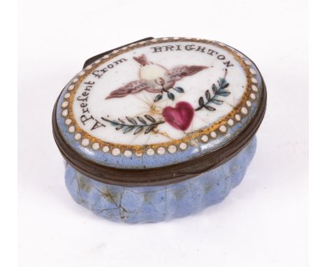 A Bilston enamel patch box, the cover decorated a dove above a heart with the motto 'A Present From Brighton', 4cm wide CONDI