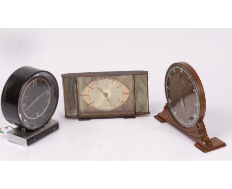 A Smith's Art Deco mantel clock in a walnut case with white painted chapter ring, 23cm high, a Metamec mantel clock in a simu