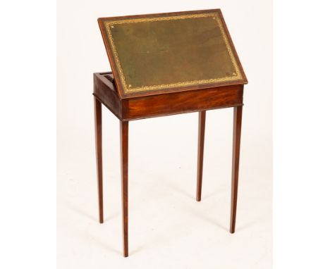 A George IV mahogany reading table, the leather hinged slope with ratchet support, fitted a drawer on square taper legs, 55.5