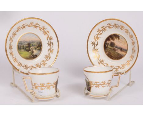 A pair of Derby topographical coffee cups and saucers, each painted with a titled local scene, by HS Hancock, and a pair of R