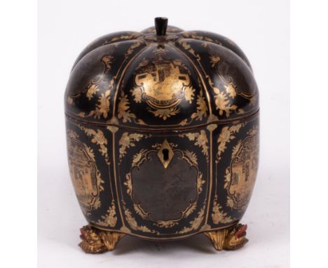 A Chinese export black-lacquered tea caddy, late 19th Century, the box in the form of a melon, with gilt decorated panels of 