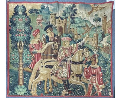 A French woven tapestry, in the early 16th Century style, 'Chasse aL'Arbalete et au Faucon', a noble hunting party with castl