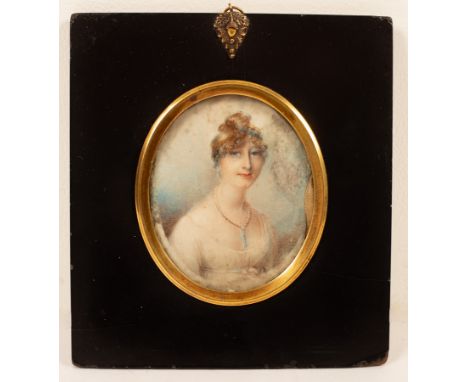 English School, 18th Century/Portrait Miniature of a Young Woman/bust length, wearing a white dress and crucifix/watercolour 