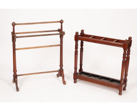 A mahogany stick/umbrella stand and an oak towel rail CONDITION REPORT: Towel rail very dry, joint stable but moving. General