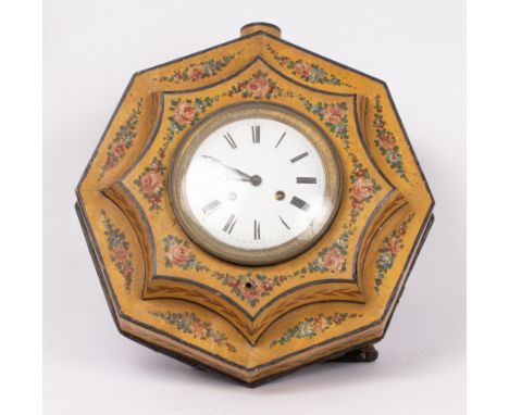 A French Tole clock, yellow ground floral decorated, white enamel dial with Roman numerals, eight-hour drum movement, approxi