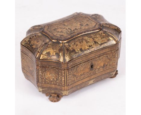 A Chinese export gilt lacquered tea caddy, 19th Century, of octagonal form on four paw feet, painted in gilt against a black 