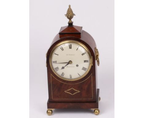A brass inlaid mahogany mantel timepiece with a 6 inch convex white painted dial, signed W Tyrell, Hastings, the fusee moveme