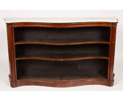 A Victorian rosewood serpentine bookcase, with white marble top, the shelves flanked by plain pilasters, 178cm wide x 101.5cm