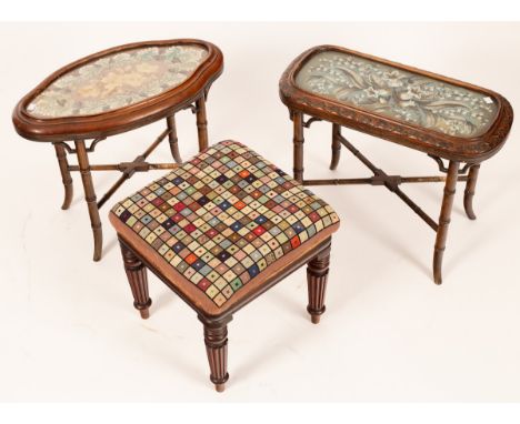 A 19th Century mahogany framed stool on turned and reeded legs, the needlework seat 37cm x 37cm and two tables with beadwork 