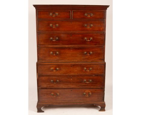 A Georgian mahogany tallboy chest, fitted six long and two short drawers on ogee bracket feet, 175cm high, 116cm wide, 55.5cm
