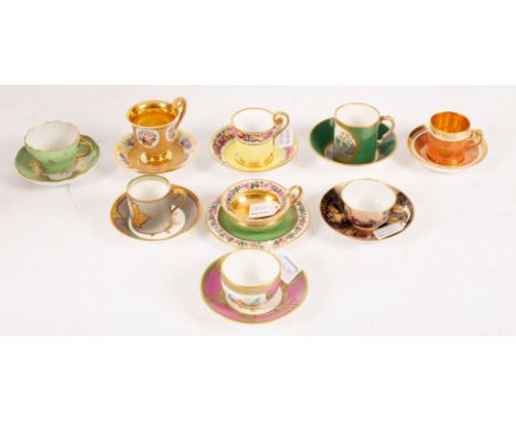 A group of seven French porcelain cabinet cups and saucers and two Meissen later-decorated examples   CONDITION REPORT:  the 