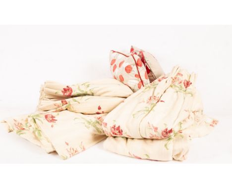Two pairs of lined floral curtains, each approximately 115cm long x 80cm wide and two modern cushions  CONDITION REPORT: Cond