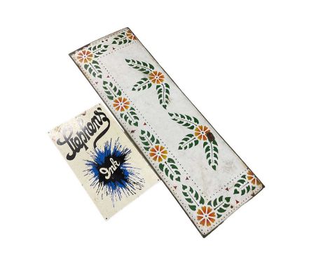 Vintage enamel floral panel, possibly from a kitchen worktop, together with a Stephens' Ink metal advertising sign (2)