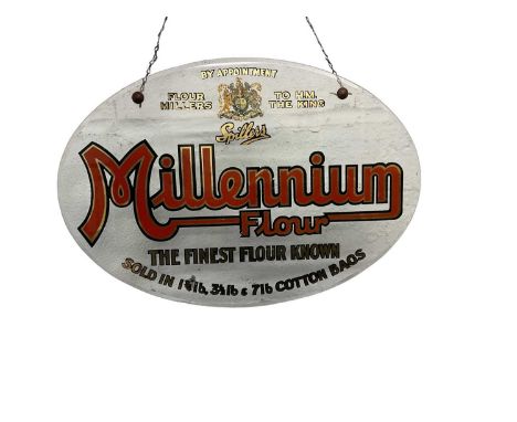 Early 20th century oval glass 'Spillers Millennium Flour, The Finest Flour Known' shop sign with suspension chain, 34.8cm in 