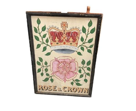 Hand painted double sided pub sign for The Rose &amp; Crown, in frame, together with wrought iron wall bracket, approximately