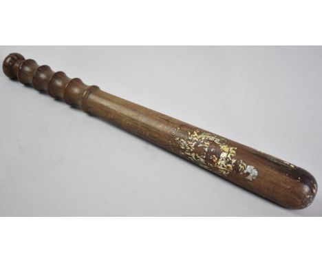 A Turned Wooden Police Truncheon with Remnants of The Original Painted Crest, 38cms Long
