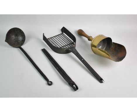 A Brass Scoop together with Iron Ladle Etc