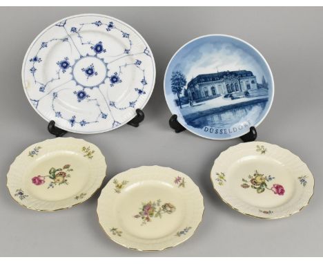 Three Royal Copenhagen Floral Decorated Plates, 15.5cm Diameter Together with Two Blue and White Examples (One with Glued Chi