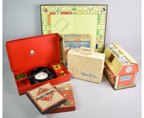 A Collection of Various Vintage Toys and Games to include Merit Sketch-o-Magic, Fisher Price Family Farm and Medical Kit, Mon