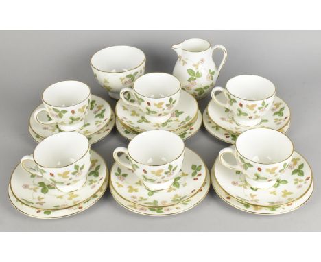 A Wedgwood Wild Strawberry Tea Set for Six to Comprise Six Cups, Six Saucers, Milk Jug and Sugar Bowl