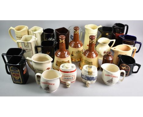 Two Boxes Containing Various Advertising Jugs, Wade Bells Decanters Etc