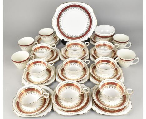 A Roslyn China Burgundy and Gilt Trim Decorated Tea Set to Comprise Nine Cups, Eleven Saucers, Twelve Side Plates, Cake Plate