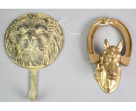 A Reproduction Gilt Sprayed Door Knocker in the Form of Horses Head and Horseshoe together with a Lion Mask Wall Hanging Hook