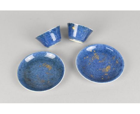 A Pair of Chinese Qing Dynasty Porcelain Powder Blue Tea Bowls and Saucers with Gilded Bird and Tree Decoration (Various Cond