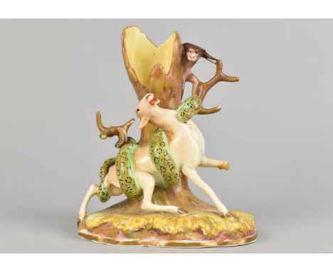 A Porcelain Spill Modelled as Tree Trunk with Deer Being Attacked by Snake with Monkey Watching, 15cm high (Condition Issues)