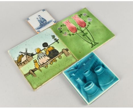 Four Various Tiles to Comprise Art Nouveau, Dutch Scene, Both 15cm Square, a Delft Sailing Boat, 7.5cm and a Moorcroft Coaste