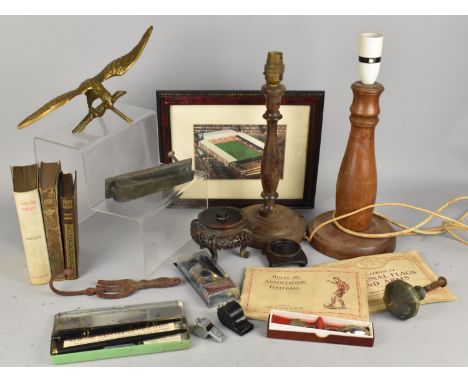 A Collection of Various Sundries to Comprise Brass Eagle Ornament, Chinese Stands, Turned Wooden Table Lamps, Patinated Door 