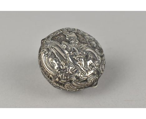 An Ornate German Silver Relief Box with Hinged Lid Decorated with Musician to Include Piper in Exterior Setting with Crowned 