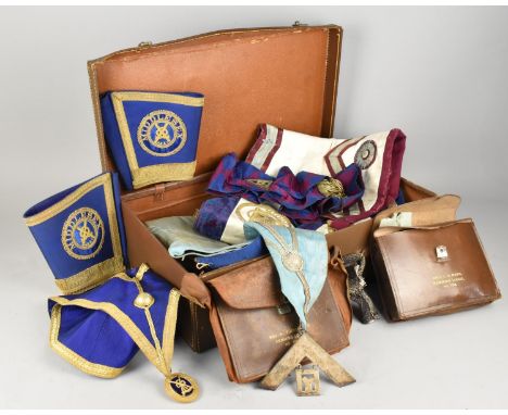 A Vintage Leather Case Containing Various Masonic Ephemera to Comprise Middlesex Apron, Jewel Sash, Cuffs Etc