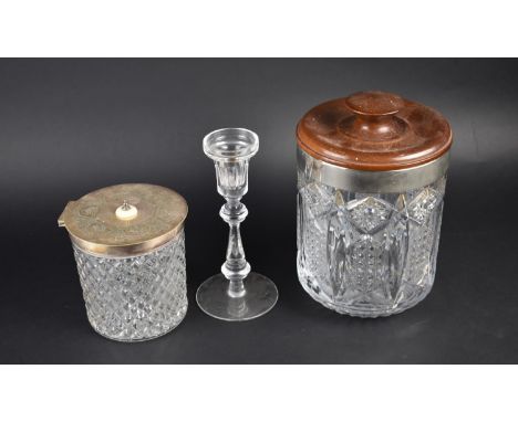 A Large Cut Glass and Silver Plate Mounted Biscuit Barrel with Turned Wooden Cover, 26cm high Together with a Smaller Moulded