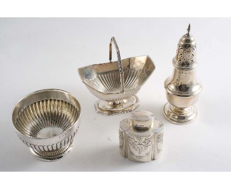 A MIXED LOT:- A late Victorian swing handled sugar basket by T. Bradbury, London 1896, a tea caddy by H. Atkin, Sheffield 190