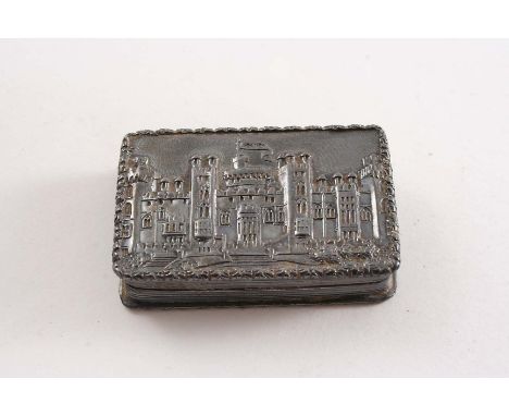 AN EARLY VICTORIAN "CASTLE TOP" VIINAIGRETTE of rectangular outline with a view of Windsor Castle in low relief on the cover,