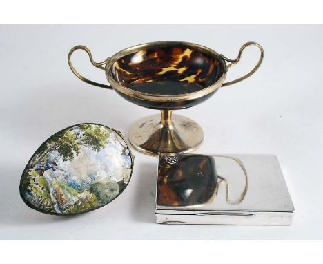 A TORTOISESHELL & SILVER GILT TWO-HANDLED CUP 1908; 9 cms high, a french silver box with enamel medallion c.1910 and an 18th 