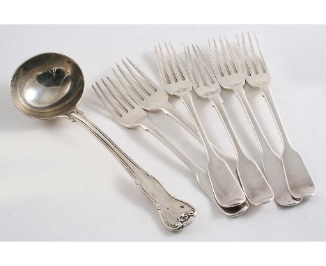 A RARE VICTORIAN SAUCE LADLE in King's Husk (without the husk) pattern, by George Adams, London 1847 and six various antique 