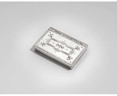 A GEORGE I SILVER SNUFF BOX rectangular with reeded borders, the cover with engraved borderwork and a central linear design w