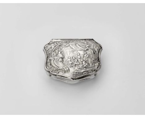 A GEORGE II SILVER SNUFF BOX cartouche-shaped with a repousse-work cover, representing Diana at her toilet within rocaille su