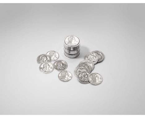 A GEORGE I SILVER COUNTER BOX of squat cylindrical form with moulded borders, the cover die-stamped with a portrait of King G