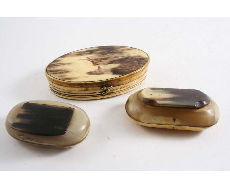 TWO 19TH CENTURY HORN SNUFF BOXES of rounded rectangular form with hinged covers and a late 18th century horn snuff box of Hu